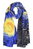 Luxurious 100% Charmeuse Silk Long Scarf Shawl with Hand Rolled Edge (Van Gogh's 
