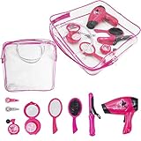 deAO Hairdressing and Vanity Handbag Beauty Set Girls Styling Pretend Makeup and Hair Accessories Playset Including Hairdryer Toy and Curlers