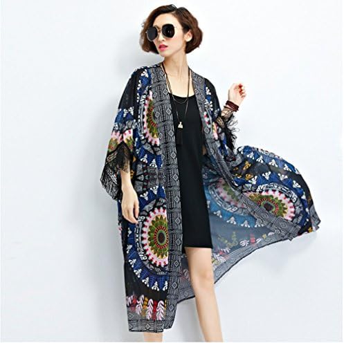 Women's Floral Printed Chiffon/Lace Kimono Cardigan Contrast-Trim Long Beach Cover Up