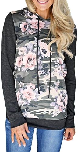 Xinglan Women Casual Camo Floral Print Long Sleeve Drawstring Hoodie Pullover Sweatshirt With Pockets Charcoal XL