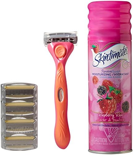 Schick Quattro for Women Shaving Starter Gift Set with 1 – Quattro for Women Razor, 4 – Quattro for Women Razor Blade Refills, and 1 – Skintimate Raspberry Rain Shave Gel for Women