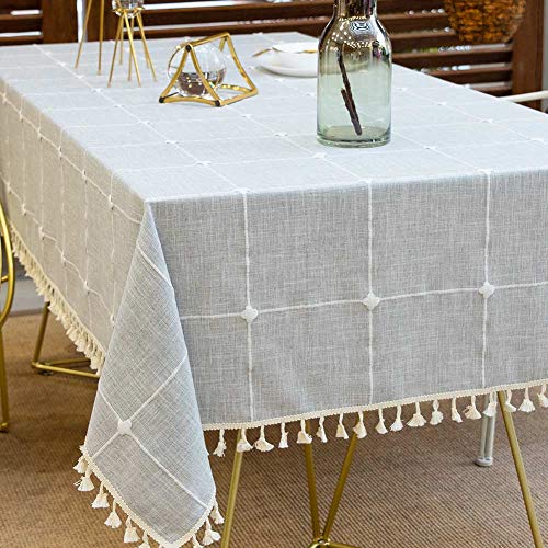 Deep Dream Tablecloths, Embroidered Checkered Table Cloth Cotton Linen Wrinkle Free Anti-Fading Table Cover Decoration for Kitchen Dinning Party, 55 x 102 Inch - Gray