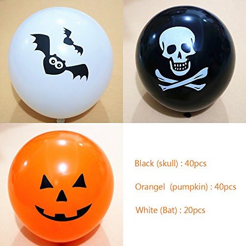 Halloween Balloons, 100 Pack 12 Inches Ultra Thickness Assorted Skull, Pumpkin and Bat Latex Balloons for Happy Halloween's Day Party Decoration, Color Black, Orange and White (Skull+Pumpkin+Bat)