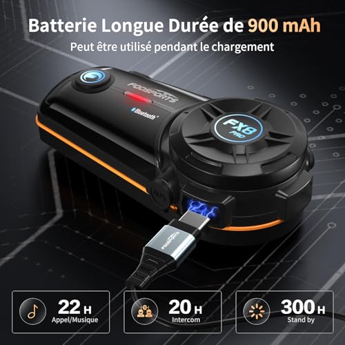 Fodsports FX8 Pro Casque Intercom Moto Bluetooth, Contrôle par Application, 7 Langues Vocales, Musique et Intercom Simultanés, Communication pour 10 Motards, Partage de Musique, Radio FM(1 Unité)