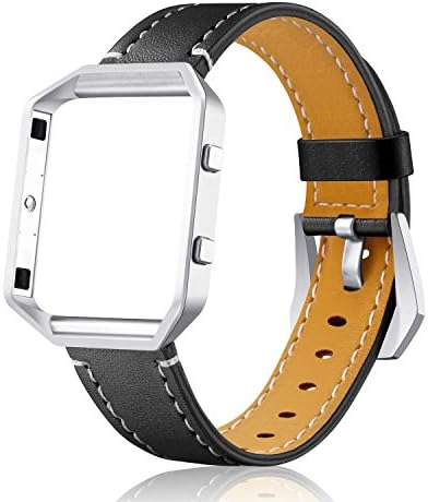 YuStar Compatible with Fitbit Blaze Watch Bands, Genuine Leather Strap Replacement Band with Metal Frame Wristband Women Men Black White Blue for Fibit Blaze Smart Watch