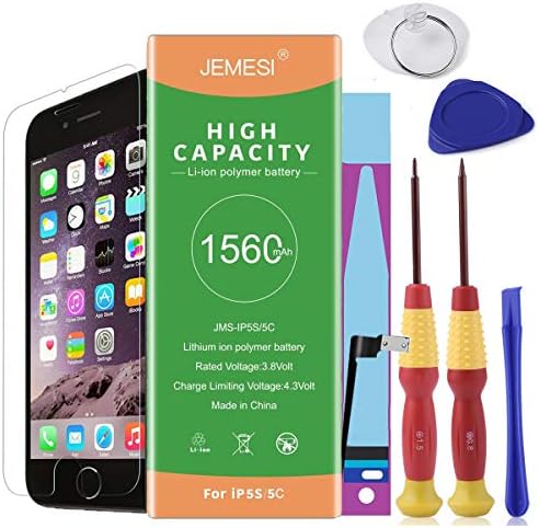 JEMESI Battery for Model iPhone 5S-5C with Repair Tool Kits,Instructions and Screen Protector,New 0 Cycle Battery Replacement [24-Month Warranty]