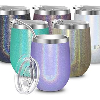 Stainless Steel Wine Tumbler Insulated - THILY T2 Stemless Travel Wine Glass Coffee Cup with Sliding Lid and Reusable Straw, Keep Cold & Hot for Coffee, Cocktails, Drinks, Glitter Lavender