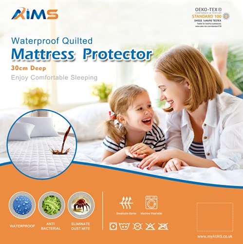 100% Waterproof & Moisture Quilted Mattress Protector Fitted Cover Microfiber Quilted Topper fitted sheet, Anti Allergy and Breathable Elasticated Skirts 30cm Extra Deep (King 155x200cm)