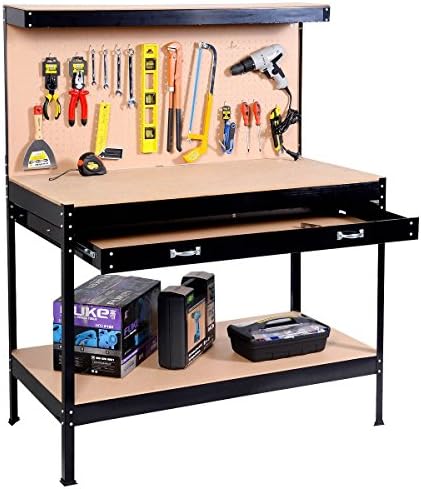 Work Bench Tool Storage Steel Frame Tool Workshop Table W/ Drawer and Peg Boar Bonus free ebook By Allgoodsdelight365