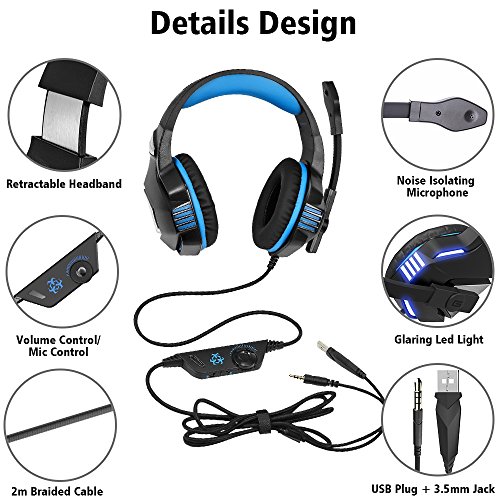 VersionTech Stereo Gaming Headset for PS4 Xbox One, Over Ear Headphones with Noise Isolating Mic, LED Light, Volume Control for Laptop, PC, Tablet, iMac, PSP, Mobile Phone -Blue