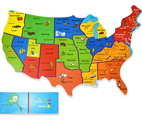 USA Map Wooden Puzzle - 17 Large Jigsaw Puzzle Board, Learn Geography of United States of America and Capitals, Educational Fun Learning Toy for Kids Girls and Boys