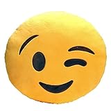 LI&HI 32cm Emoji Smiley Emoticon Yellow Round Cushion Pillow Stuffed Plush Soft Toy-Independent Vacuum Packing (Wink)