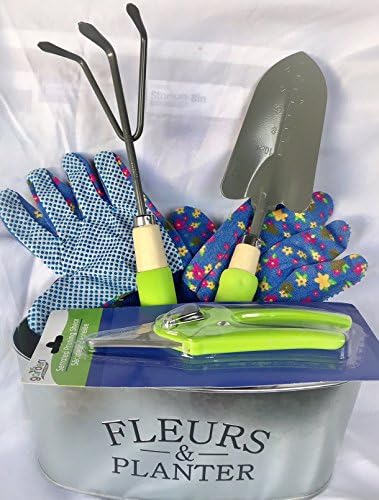 Garden Basket Bundle - Gloves, Trowel, Foam Grip Cultivator, Serrated Shears (Lime Green)