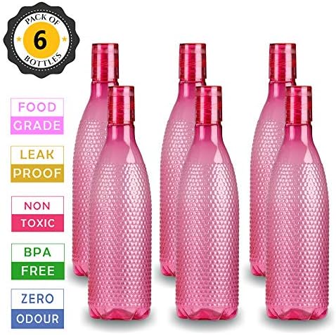 Oliveware Premium Plastic Water Bottle, 1L, Set of 6, Pink