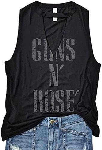 NATAY Women uns N' Rose' Hollow Out V-Neck Vest Top Letters Print Sleeveless T-Shirt (Medium, Black)