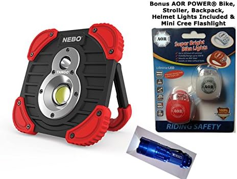 NEBO TANGO #AOR6665. Features 2 High Power Light 250 Lumen Spot Light, 750 lumen Work Light. Includes AOR POWER #AR130, 3 Mode Bike Headlight - Taillight, Backpack + &amp; Mini Cree Flashlight