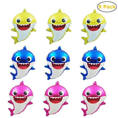 Creaides 9 Pack Shark Balloons Baby Shower Cute Shark Balloons Helium Foil Color Balloons for Kids Birthday Party Decorations