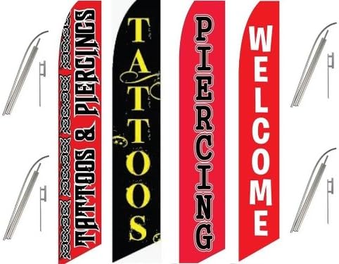 4 Swooper Flags &amp; Pole Kits Tattoos Piercings Body Store Shop Black Red Welcome