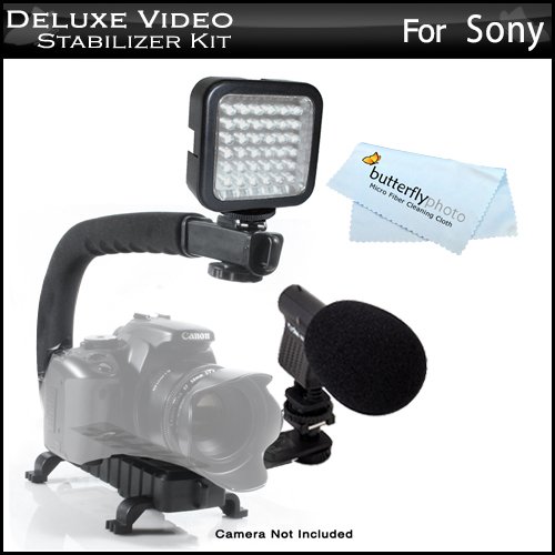Deluxe LED Video Light plus Mini Zoom Shotgun Microphone w/Mount plus Video Stabilizer Kit For Sony HDR-CX580V, HDR-PJ580V, HDR-PJ260V, HDR-CX260V, HDR-PJ710V, HDR-PJ760V, HDR-CX760V, HDR-XR260V HDR-TD20V Includes Stabilizing Handle plus Microphone plus LED Light Kit