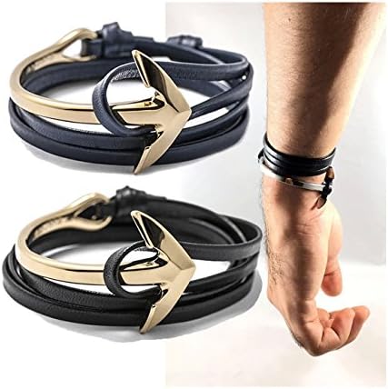 TobiNCraft Adjustable Unisex Maritime Gold Anchor Cuff Bracelet - Alloy Leather Bangle Bracelet (Navy Blue)