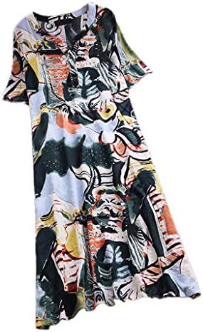 Summer Dress for Women Cotton Linen Printed Dress V-Neck Short-Sleeved Loose Midi Skirt Dress Short-Sleeve Mid-Length Dress Mini Dress Party Elegant Women Dresses