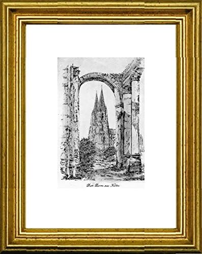 Single-colored hand-crafted etching Köln, Der Dom zu Köln (Germany) by Peters in a gold frame, graphics, art design, art print