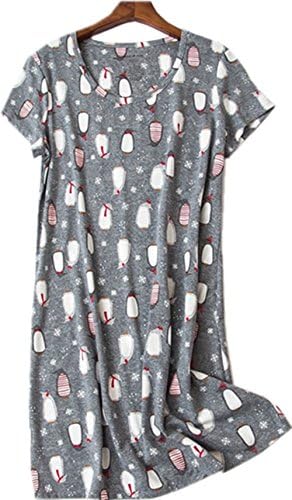 Women's Cotton Nightgown Casual Nights Sleepwear Short Sleeves Print Large Size Sleepshirt Lucky01-Cute Penguin-L