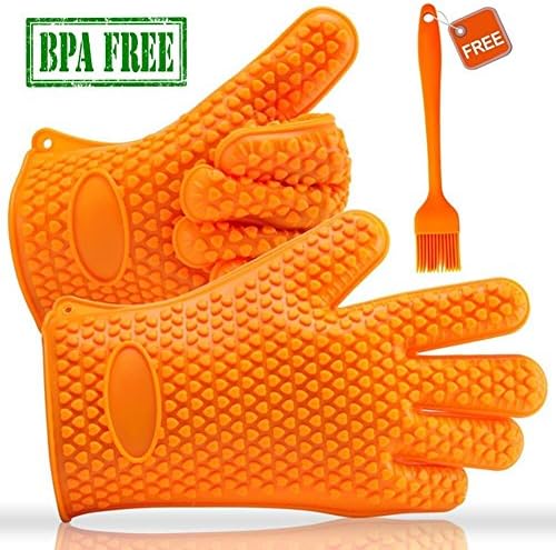 Qliver Silicone Grilling BBQ Gloves for Cooking/Smoking, [Easy Cleaning] Heat Resistant Barbecue Grill Gloves with 1 Silicone Basting Brush for Baking, Oven &amp; Potholder, Orange