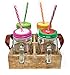 Clear Glass Pint-sized Mason Jar Mugs with Handles, Colorful Lids, and Reusable Straws | 4 x 16oz Set of Old Fashioned Drinking Glasses in Wooden Tray – Great Christmas or Holiday Gift