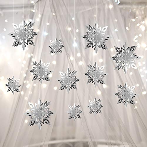 JOLLYSTYLE 12PCS Christmas Snowflake Hanging Decorations - Holiday/New Year/Winter Wonderland Party Supplies Favors 3D Glitter Large White Snowflakes