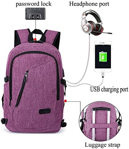 Laptop Backpack with USB Charging Port&amp;Headphone Compartment and Lock Fits 12-16" Notebook, Water Resistant College School Business Computer Bag with Luggage Strap for Women and Men(Upgraded Purple)