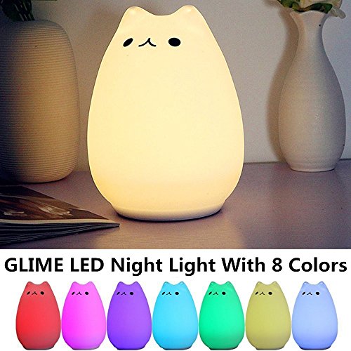 GLIME Children Night Light,Colorful Silicone Animal Night Lamp
Sensitive Tap Control Light with 3 Lighting Modes /7-Color Single for
Baby Room, Bedroom, Nursery Table Desk Lighting White Kitten Shape