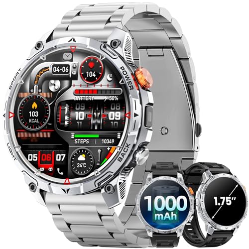 Orologio Uomo Militare, 1000 mAh Batteria Smartwatch, Due Cinturini, Schermo HD 1,75", Torcia LED, 100＋ Modalità Sportive, Monitoraggio della Salute, Chiamate Bluetooth per iOS Android (Argento)