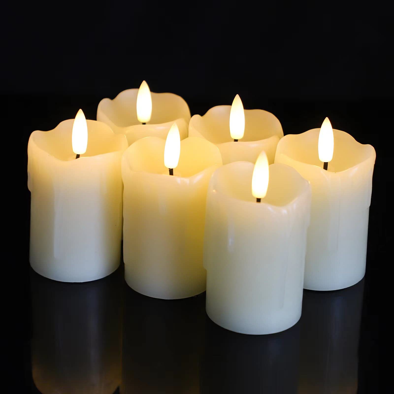 Photo 1 of Lezonic Flameless Votive Candles Battery Operated with Remote and Timer, Pack of 6 (D:2" X H:3") LED Ivory White Long Lasting Flickering Wax Candles with Realistic 3D Flame