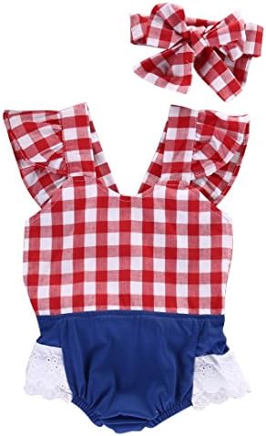 Baby Girls Outfit Plaid Cotton Ruffles Rompers Bodysuit With Headband 2PCS Set (12~18M)