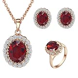 [Retro Series] Yoursfs 18k Rose Gold Plated Red Gemstone Oval Ruby Earrings and Ring and Necklace Set