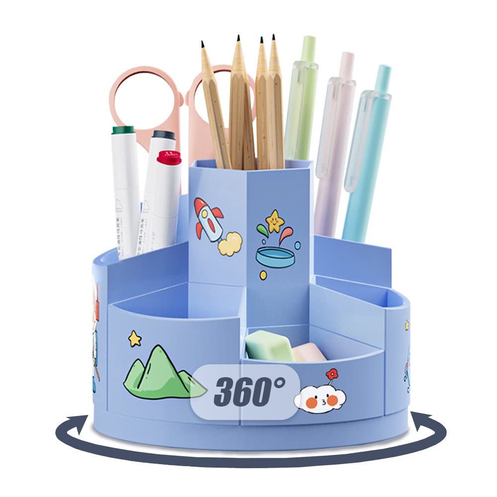 Kaizuca 360° Rotatable Rotating Pen Caddy, Creative Pen Pot, Desktop Stationary Organizer, with 2 Piece Cartoon Stickers, with 7 Compartments and Anti Slip Mat, for Office Storage (Blue)