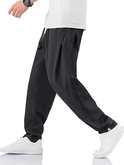 Amazon Co Jp Ransy パンツ メンズ ズボン ロング ワイドパンツ 麻パンツ テーパードパンツ アンクルパンツ リネン 無地 九分丈 調整紐 ゆったり カジュアル 春 夏 秋 黑 L 服 ファッション小物