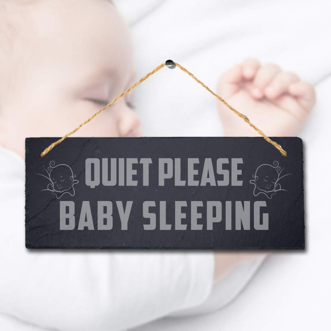 Stukk Quite Please Baby Sleeping Laser Hanging Room Home Sign, Natural Engraved Slate Stone Plaque, 30x12cm