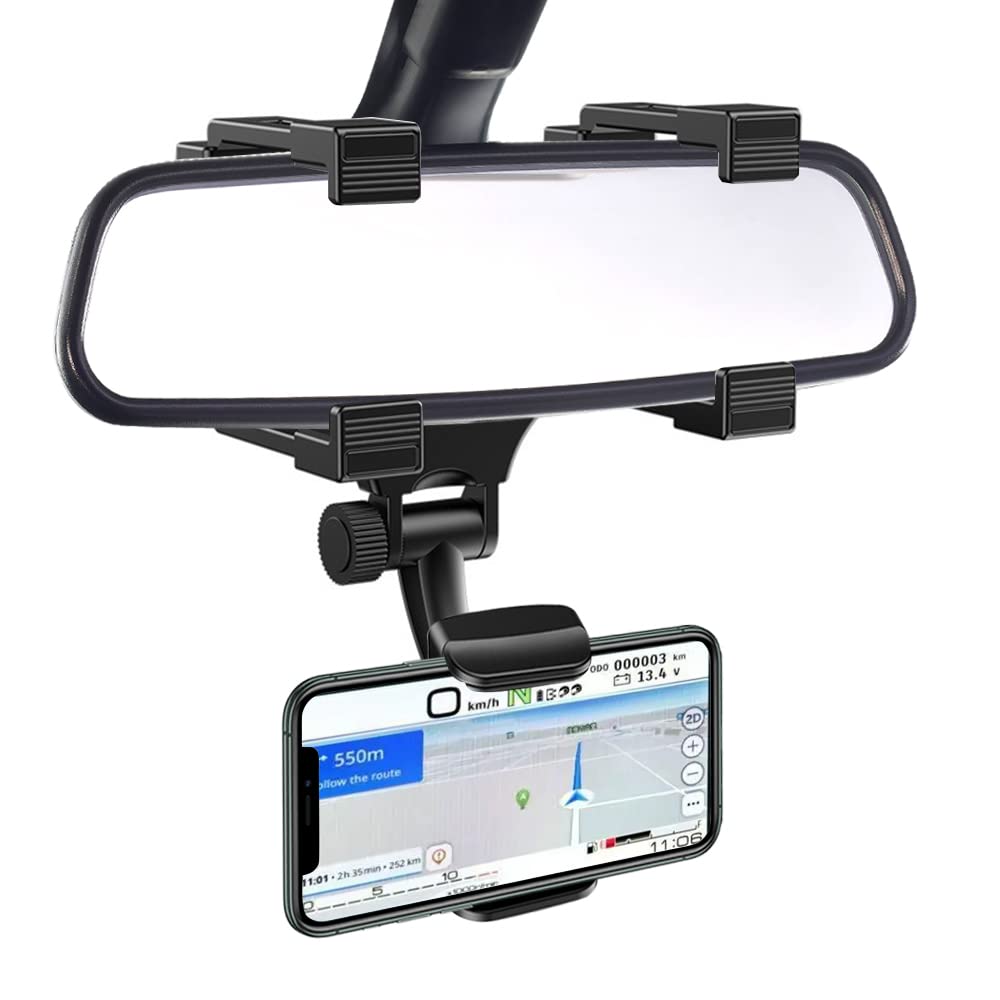Photo 1 of VAGURFO Rear View Mirror Phone Holder Mount, Car Phone Bracket/Stand with 270° Swivel and Adjustable Clips, Universal Smartphone Cradle, Black
