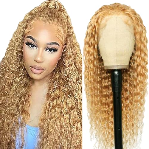 AiPliantfis Pelucas Cabello Humano Pelucas Mujer Glueless Wig Human Hair Wig Curly Wave 4x4 Lace Front #27 Blonde 100% Unprocessed Virgin Hair No Smell Remy Hair for Woman 24 inch