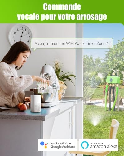 RAINPOINT Programmateur Arrosage WiFi 4 Zones avec Hub, Contrôleur d'Arrosage Intelligent avec Débitmètre, Entrée/Sortie en Laiton, Compatible Alexa/Google, pour Jardin et Pelouse