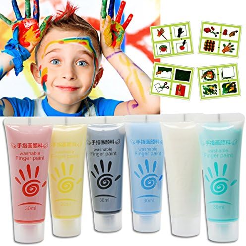Washable Fingerpaint Art Kit, Set of 6 Colors Non-Toxic Finger Paints with Br...