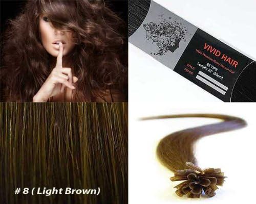 Vivid Hair 25 Strands Straight Pre Bonded U Nail Tip Fusion Remy Human Hair Extensions 22" Inches #8 LIght Brown