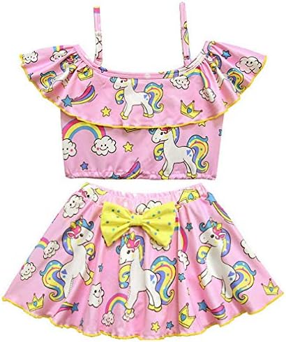 Girls' Off Shoulder Swimwear Ruffle Top Tankini Two Pieces Unicorn Bikini Swimsuit Costume