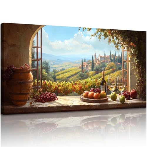 MHARTK66 Wine-growing landscape painting, 73 x 146 cm, XXL decorative canvases with window, fruit and wine glasses, Tuscan and rustic decoration for living room, dining room, bedroom, hallway, bathroom, office