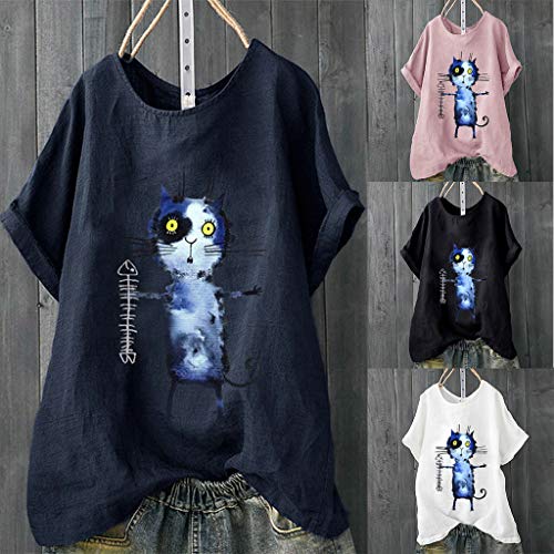 Women Casual Loose T-Shirts Cute Cat Printed Short Sleeve Tops Summer Baggy Cotton Linen Tee Blouse Pink