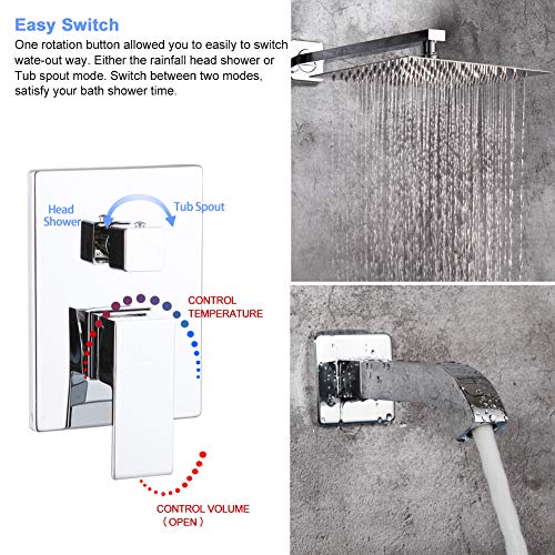 POP 10 Inch Bathtub Shower Faucet Set with Tub Spout Chrome Bathroom Luxury Rain Mixer Shower System Wall Mounted Rainfall Shower Combo Set, Single Handle Tub and Shower Trim Kit with Rough-in Valve