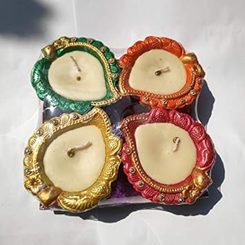 Vishakhas Terracotta/Earthen Clay/Mitti Decorative Multicolor Diyas with Wax (Set of 4) for Navratri/Diwali/Pooja