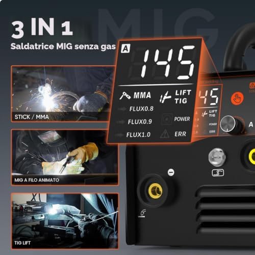 MIG145II 145A Saldatrice a Filo Continuo No Gas, 3 in 1 MIG/ARC/Lift TIG, Avanzamento Filo Sinergico, IGBT Inverter, Display LED, Compatta per Principianti & Hobby Domestico